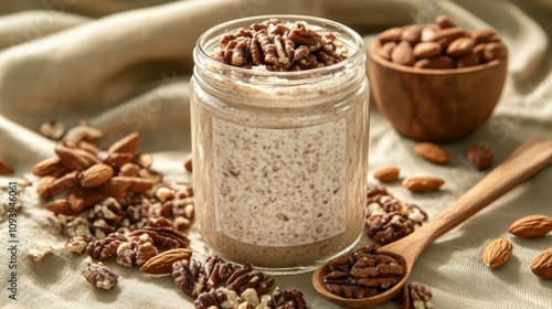 Nut Butter Jar Mockup Surrounded by Nuts and Wooden Spoon on Neutral Background