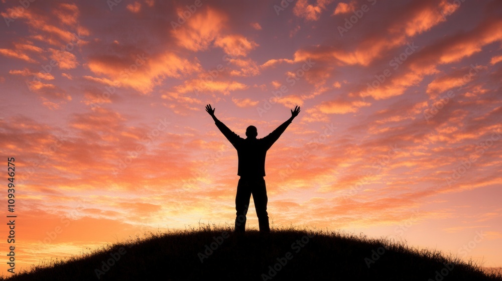 silhouette of a person celebrating at sunset with arms raised silhouette of a person celebrating at sunset with arms raised