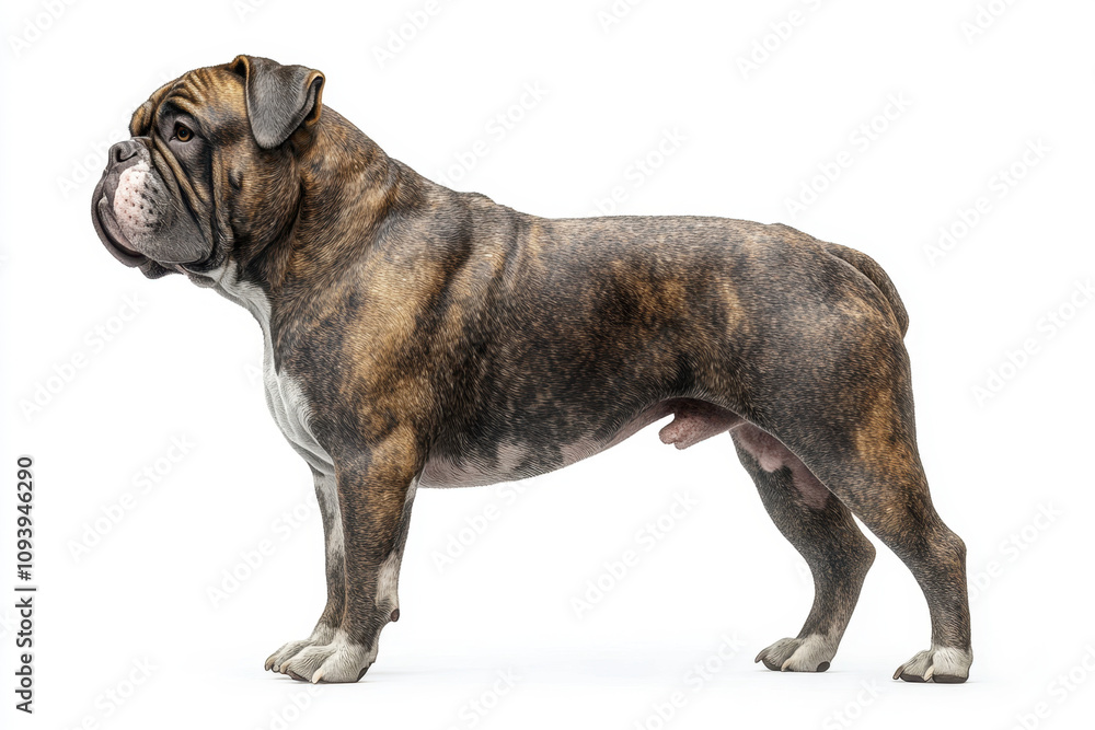 English Bulldog. A muscular, brindle bulldog stands proudly, showcasing its strong physique and distinctive features against a plain background. English Bulldog. A muscular, brindle bulldog stands proudly, showcasing its strong physique and distinctive features against a plain background.