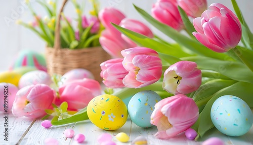 pink tulips and easter eggs on a table