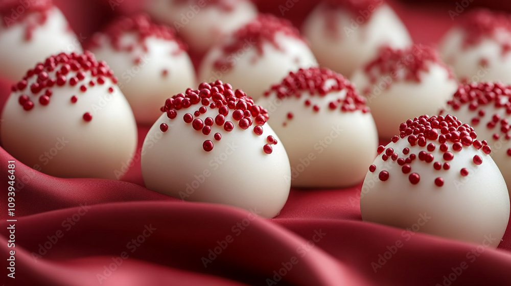 Delicate white chocolate truffles, dusted with vibrant red sprinkles, nestled on a rich, velvety red background Delicate white chocolate truffles, dusted with vibrant red sprinkles, nestled on a rich, velvety red background