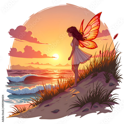 Enchanting sunset  a butterfly maiden by the ocean s edge, digital illustration of fantasy concept. photo