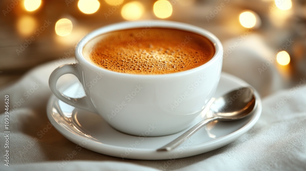 Fototapeta premium Aromatic coffee in white cup on saucer.