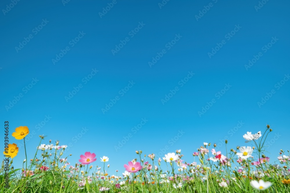 Vibrant Field of Colorful Wildflowers Under Clear Blue Sky on a Sunny Day with Fresh Green Grass in Spring or Summer Season Vibrant Field of Colorful Wildflowers Under Clear Blue Sky on a Sunny Day with Fresh Green Grass in Spring or Summer Season