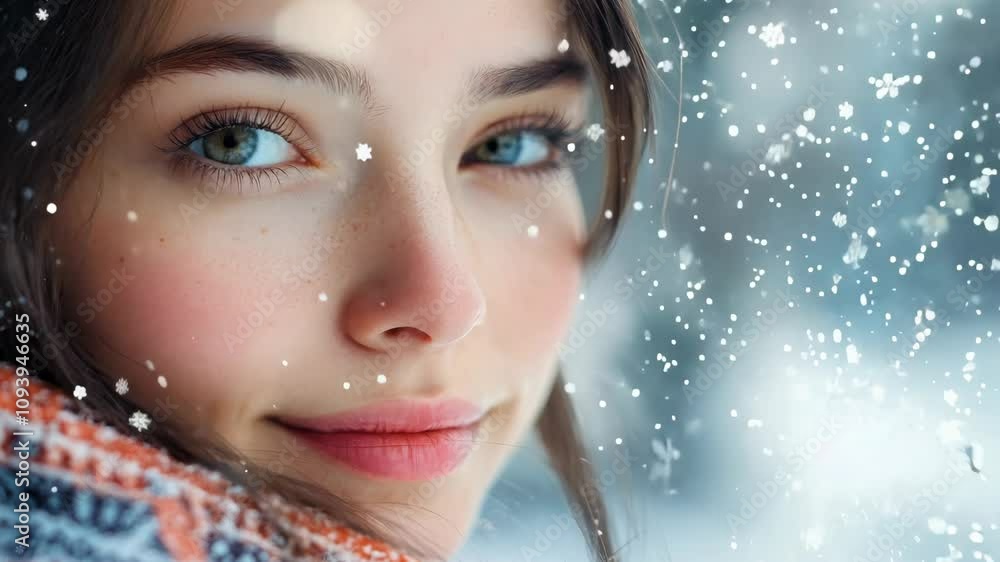Looking out the window through the window, a young brunette woman wears a nordic print poncho, while the outside scene is blurry and filled with snow 4K Video Looking out the window through the window, a young brunette woman wears a nordic print poncho, while the outside scene is blurry and filled with snow 4K Video