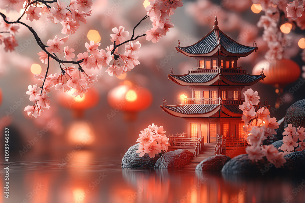 A serene 3D rendering of a Chinese lunar pagoda, perfect for Chinese New Year decorations, symbolizing tranquility and celebration with cherry blossoms and lanterns. A serene 3D rendering of a Chinese lunar pagoda, perfect for Chinese New Year decorations, symbolizing tranquility and celebration with cherry blossoms and lanterns.