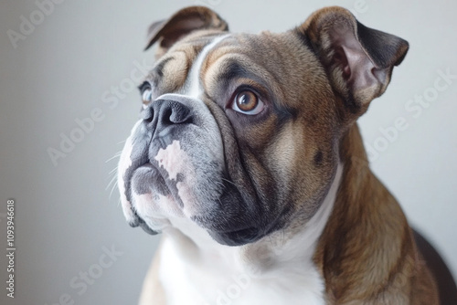 Wallpaper Mural English Bulldog. A close-up portrait of a Bulldog, showcasing its distinctive features and expressive eyes against a neutral background. Torontodigital.ca