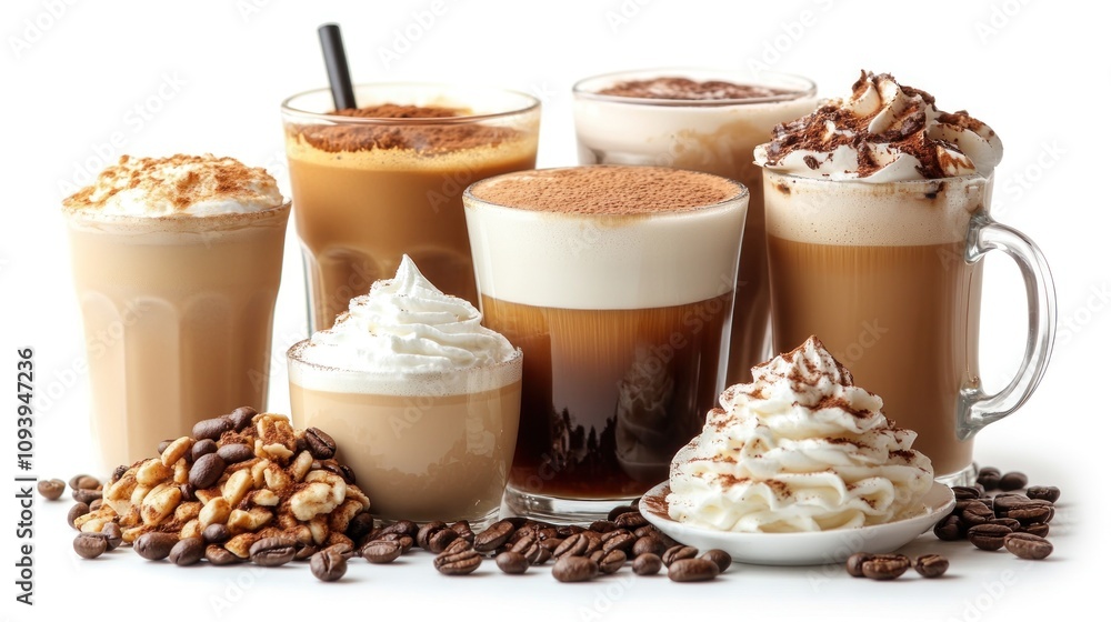 Assorted coffee drinks with beans. Assorted coffee drinks with beans.