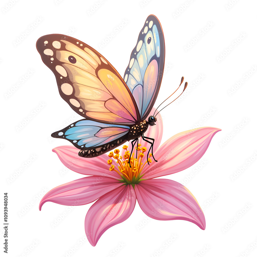 Obraz premium A vibrant butterfly perched gracefully on a soft pink blossom, capturing the essence of nature s beauty, digital art of nature illustration concept.