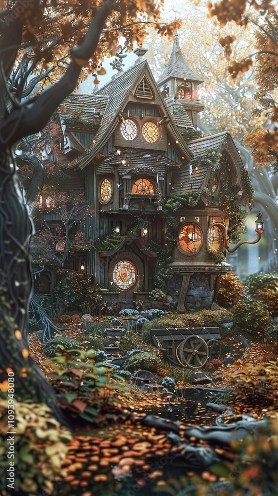 Obraz premium Enchanted Cottage in a Fantasy Forest: A Whimsical Autumn Scene