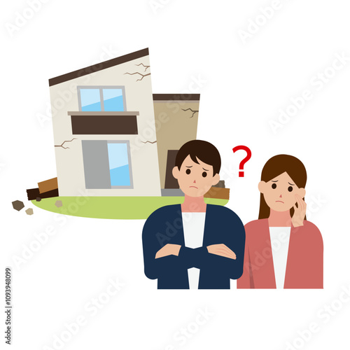 ボロボロの一軒家の修繕に悩む男女のイラスト