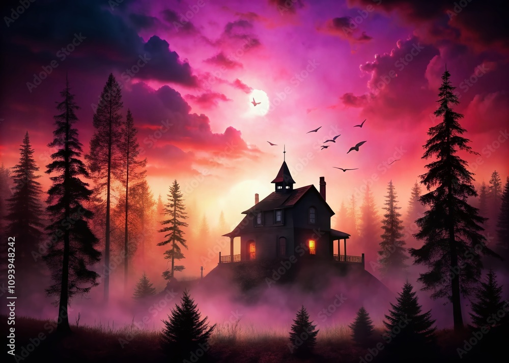 Fototapeta premium Mysterious Haunted House Silhouette in Dark Forest Under Eerie Pink Sky, Perfect for Halloween and Gothic Themes, Captivating Atmospheric Photography of Spooky Landscapes