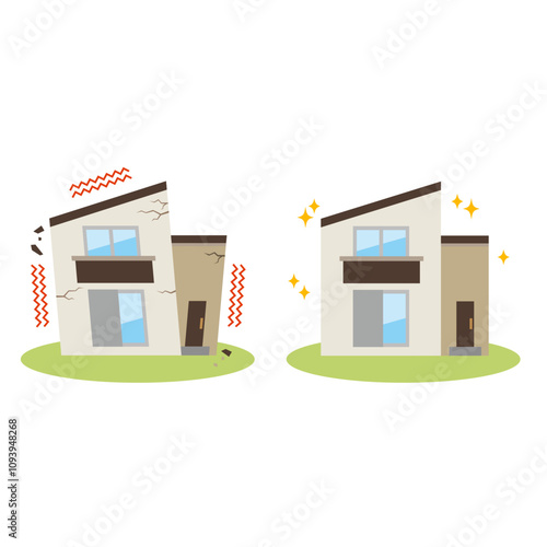 地震で壊れた一軒家と新築の一軒家のイラスト