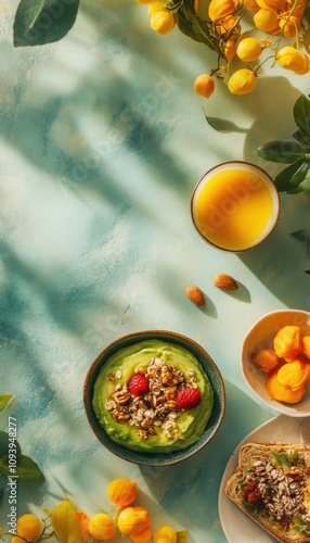 Modern Autumn Breakfast Flat Lay with Avocado Toast and Smoothie Bowl in Sunny Pastel Tones