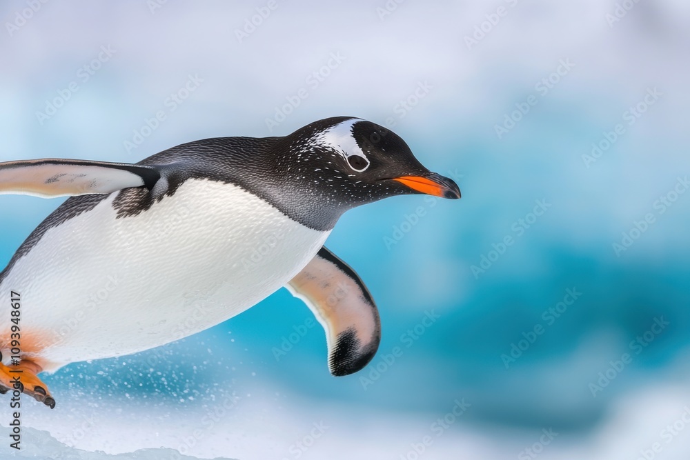 Fototapeta premium A graceful Gentoo penguin leaps from an icy ledge, showcasing its agility in a stunning glacial landscape with vibrant blue ice in the background.