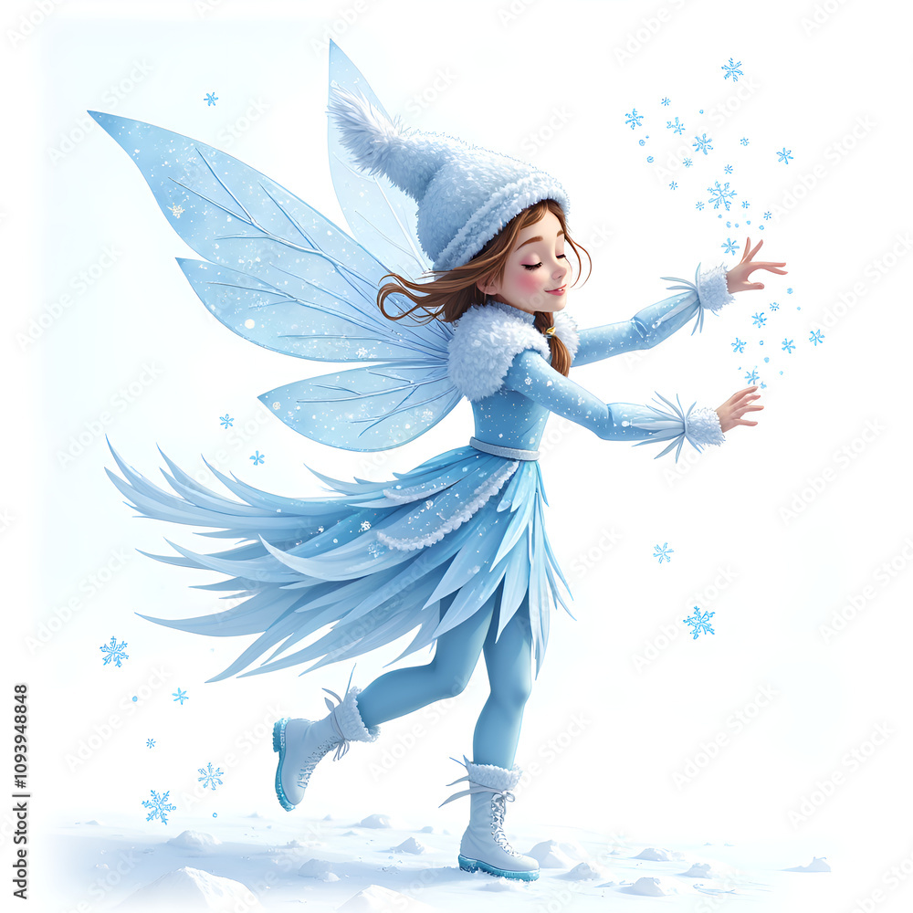 Whimsical ice fairy twirling in a snowy wonderland with sparkling flurries, digital art of fantasy character concept. Whimsical ice fairy twirling in a snowy wonderland with sparkling flurries, digital art of fantasy character concept.