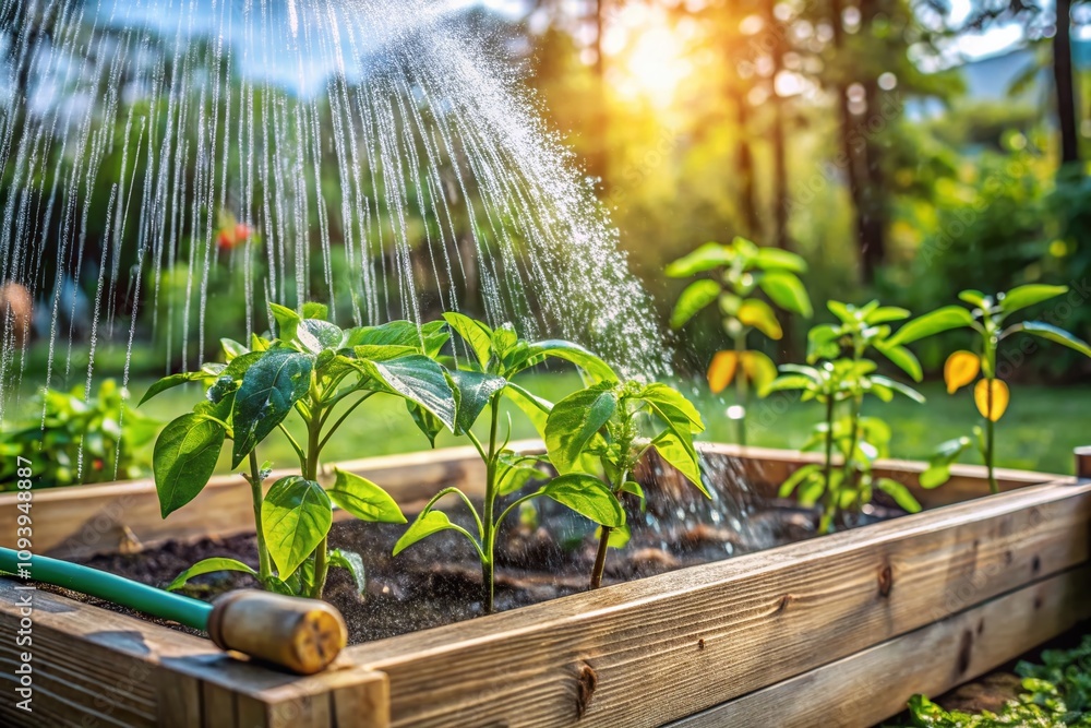 Obraz premium Natural Rain Watering in a Domestic Garden with Raised Beds, Showcasing Bell Pepper Seedlings Amidst Summer Heat and Long Exposure Effects for a Serene Atmosphere