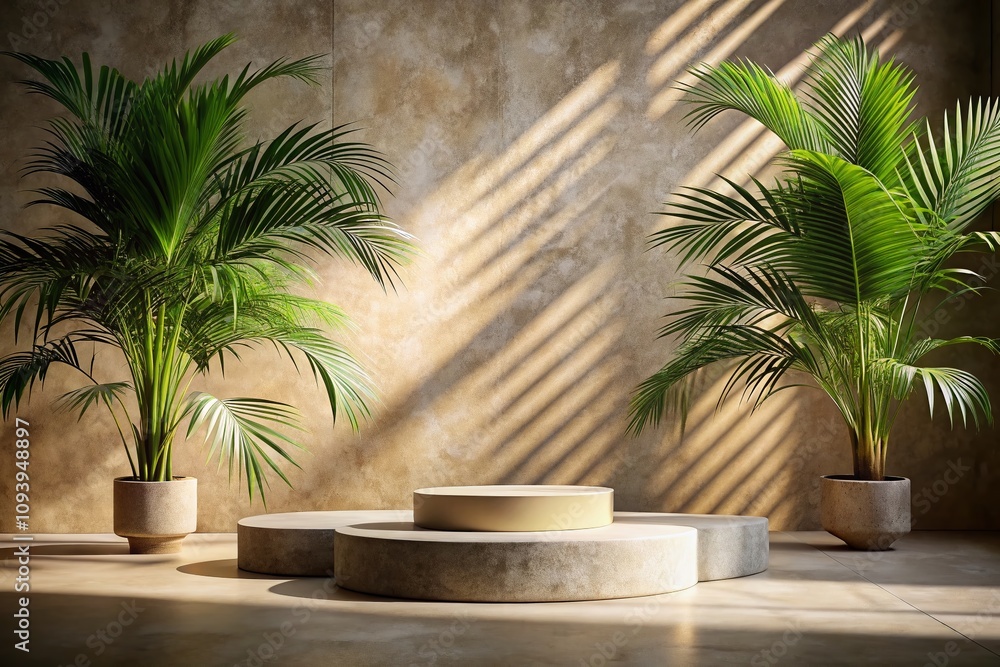 Fototapeta premium Natural Stone Background with Palm Shadow and Sunlight for Tropical Product Placement Mockup Showroom in an Empty Room with Concrete Walls and Floor