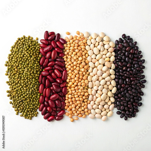 Colorful variety of beans and legumes on white background