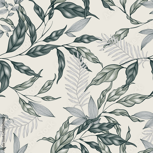 Floral seamless pattern of lush and intricate various leaves in shades of gre...