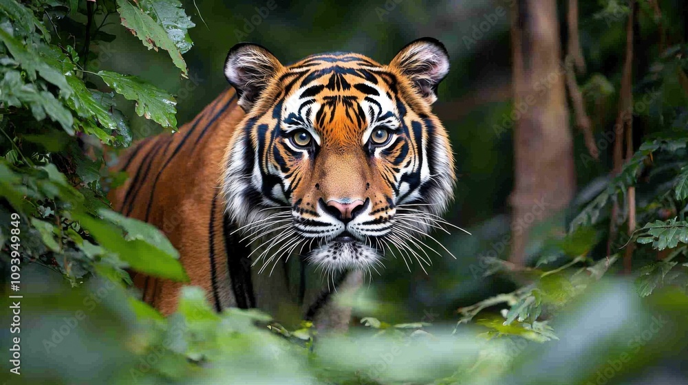 Majestic Tiger Staring Intensely from a Lush Green Jungle Surrounded by Dense Foliage and Natural Light Highlighting Its Striking Features Majestic Tiger Staring Intensely from a Lush Green Jungle Surrounded by Dense Foliage and Natural Light Highlighting Its Striking Features