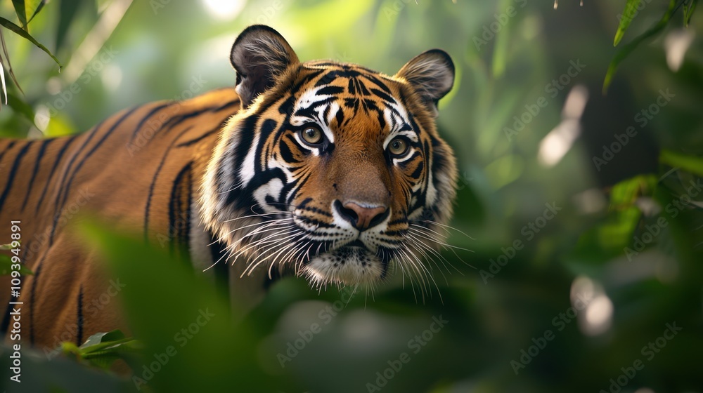Fototapeta premium Majestic Tiger Staring Intently Amidst Lush Greenery in a Dense Jungle Setting, Capturing the Essence of Wild Nature and Untamed Beauty