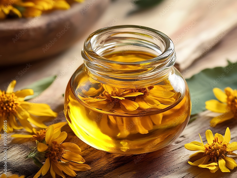 Natural Marigold Essence Bottled with Fresh Petals on Wooden Surface : Generative AI Natural Marigold Essence Bottled with Fresh Petals on Wooden Surface : Generative AI