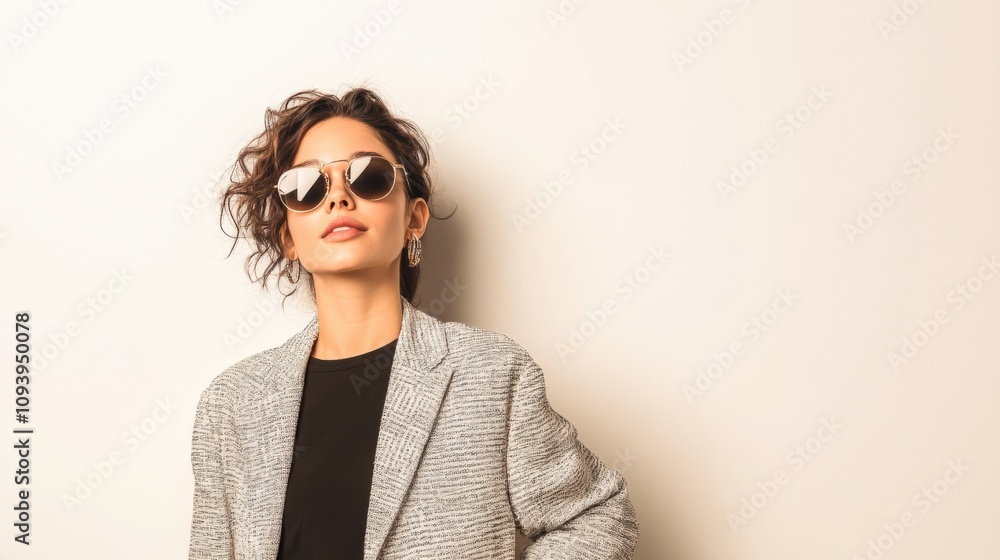 stylish woman in sunglasses posing against a neutral background stylish woman in sunglasses posing against a neutral background