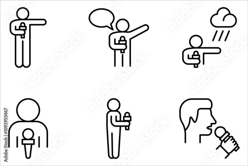 presenter linear icon ser. Thin line illustration. News reporter with microphone on white background