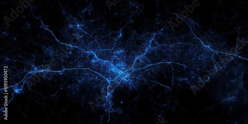 Abstract Blue Light Stream Over Urban Landscape, Illuminating City Networks and Connectivity, Evoking Technology, Growth, and Modern Infrastructure in Digital Age