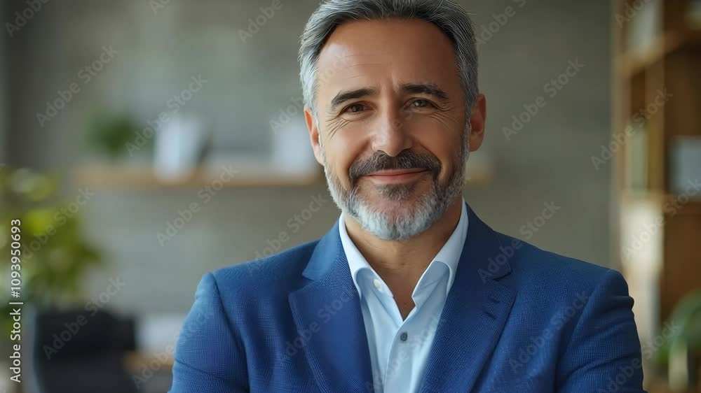 Happy middle aged business man ceo standing in office arms crossed. Smiling mature confident professional executive manager, proud lawyer, businessman leader wearing blue suit, 4K Video Happy middle aged business man ceo standing in office arms crossed. Smiling mature confident professional executive manager, proud lawyer, businessman leader wearing blue suit, 4K Video