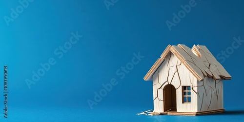 A miniature wooden house model with cracks on its surface, symbolizing issues related to housing, real estate, and the challenges of home ownership in a vibrant blue background. photo