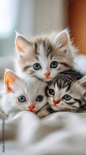 Wallpaper Mural Adorable Trio of Kittens with Blue Eyes Snuggled on Soft White Blanket : Generative AI Torontodigital.ca