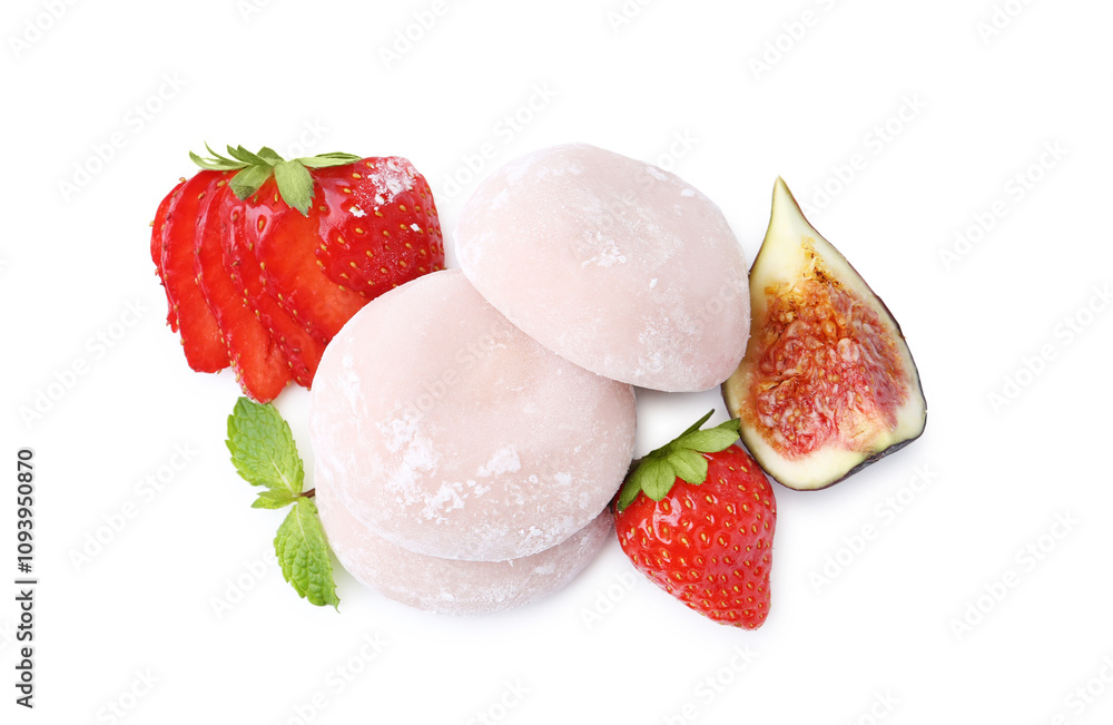 Delicious mochi, strawberries, fig and mint isolated on white, top view Delicious mochi, strawberries, fig and mint isolated on white, top view