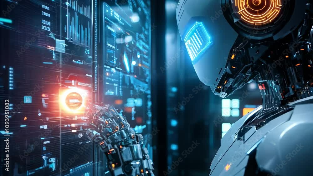 Artificial intelligence robot analyzing data on digital interface 4K Video Artificial intelligence robot analyzing data on digital interface 4K Video