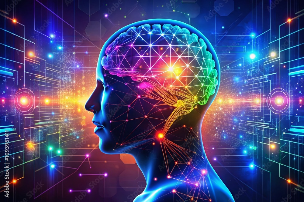 Night Photography of a Modern Geometric Illustration Depicting Artificial Intelligence with a Human Head and a Brain Designed as a Microcircuit Programmed on a Computer Screen Night Photography of a Modern Geometric Illustration Depicting Artificial Intelligence with a Human Head and a Brain Designed as a Microcircuit Programmed on a Computer Screen