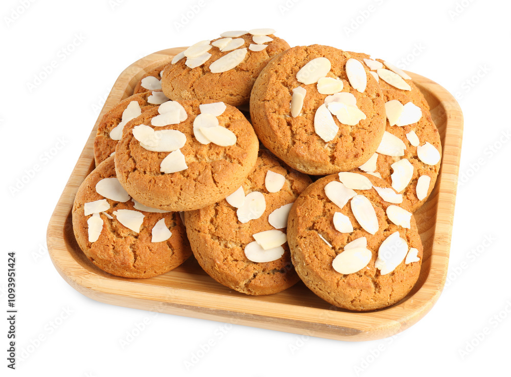 Tasty cookies with almond flakes isolated on white Tasty cookies with almond flakes isolated on white