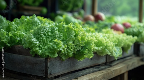 Fresh Green Lettuce in Wooden Crates at a Farmers Market, Displayed Among Various Fruits and Vegetables Surrounded by Lush Greenery in a Natural Setting