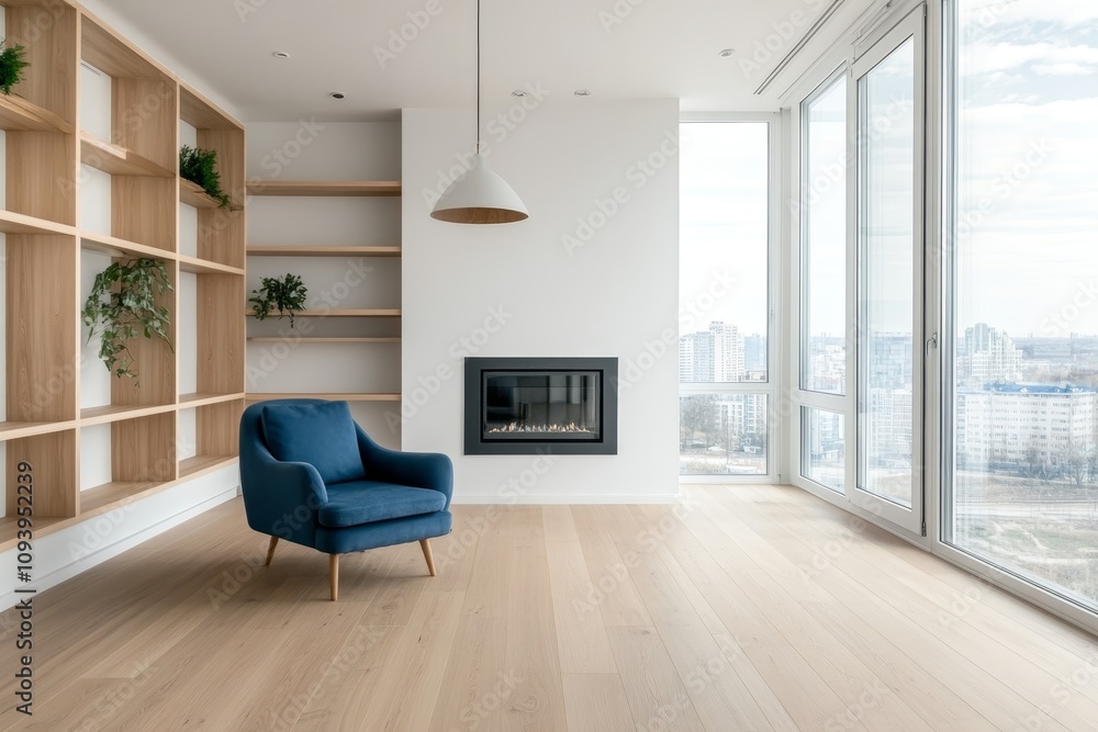 Fototapeta premium Modern living room interior with a fireplace, a blue armchair, and large windows overlooking a city.