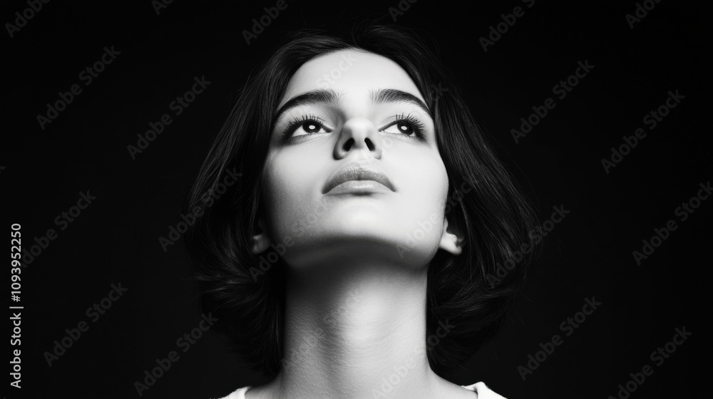 a portrait of a young woman looking upwards with a serene expression a portrait of a young woman looking upwards with a serene expression