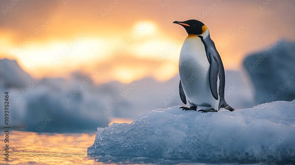 Fototapeta premium a lone emperor penguin standing confidently on an iceberg shaped like an upward arrow, symbolizing growth and strategic vision, with a glowing aurora in the sky, 