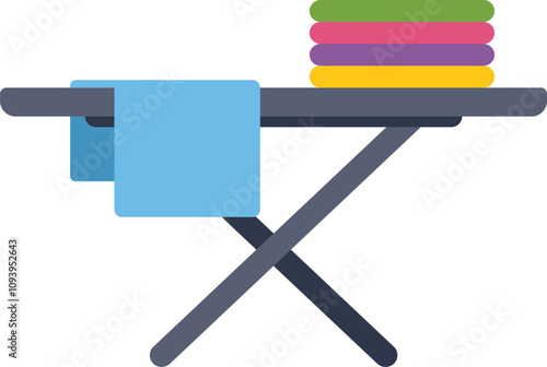 Ironing board holding folded laundry waiting to be ironed, housework concept illustration