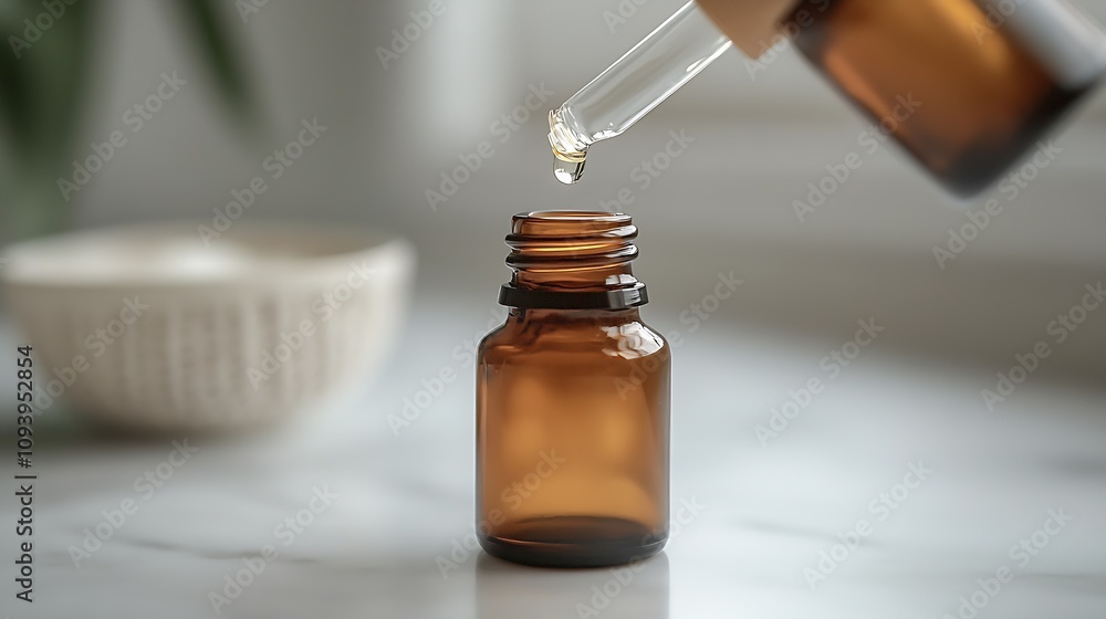 Closeup of amber glass dropper bottle with precise drop on marble surface for skincare and essential oil : Generative AI Closeup of amber glass dropper bottle with precise drop on marble surface for skincare and essential oil : Generative AI