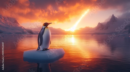 a lone emperor penguin standing confidently on an iceberg shaped like an upward arrow, symbolizing growth and strategic vision, with a glowing aurora in the sky,  photo