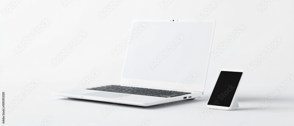 minimalist workspace with laptop and smartphone on a clean surface minimalist workspace with laptop and smartphone on a clean surface