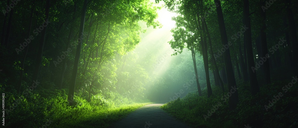 Obraz premium serene forest path illuminated by soft sunlight