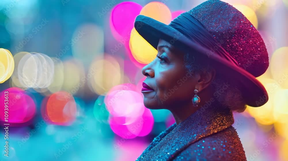 Generative AI of side view of old black woman in elegant clothes and hat looking away while standing in blurred street in Paris 4K Video