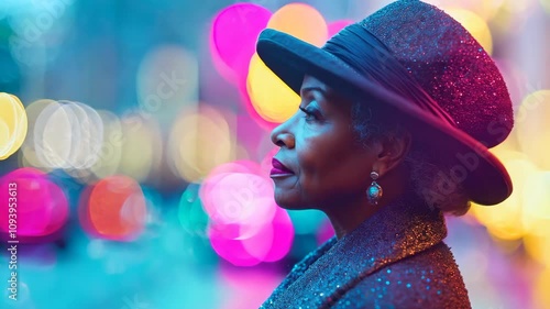 Generative AI of side view of old black woman in elegant clothes and hat looking away while standing in blurred street in Paris 4K Video