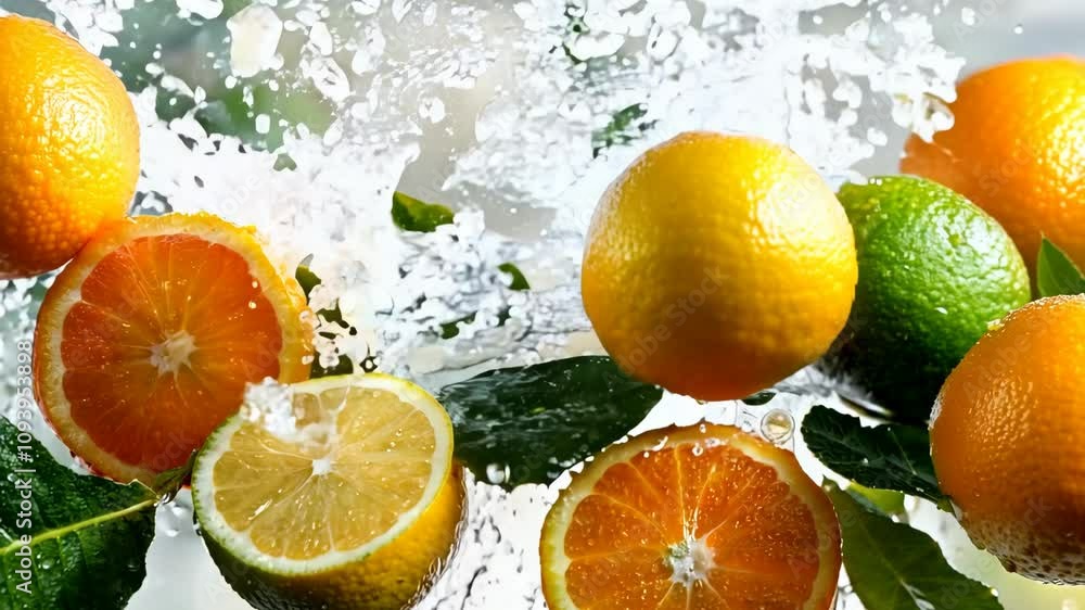 An orange and lemon lime halves floating in the air with green leaves on a white background, organic fruit with high vitamins and minerals. 4K Video