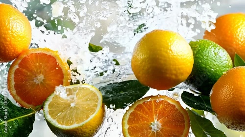 An orange and lemon lime halves floating in the air with green leaves on a white background, organic fruit with high vitamins and minerals. 4K Video